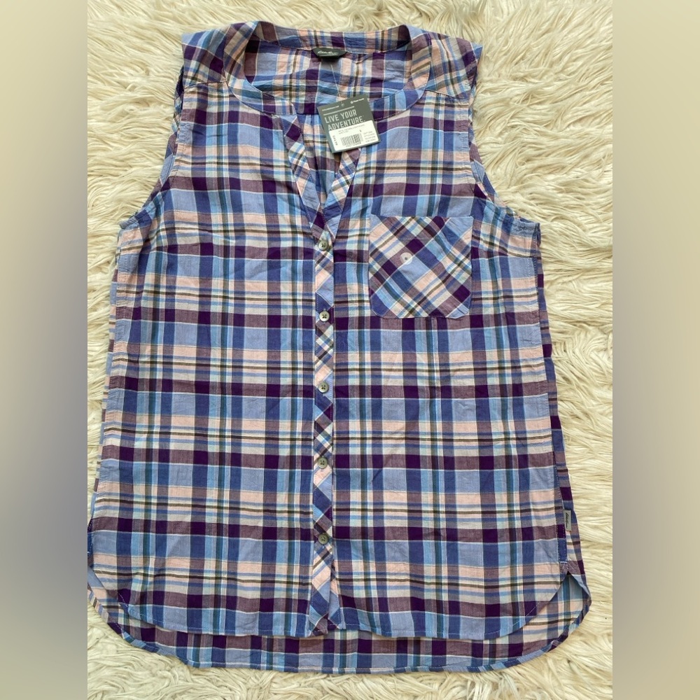 Eddie Bauer Amethyst Plaid Sleeveless Shirt